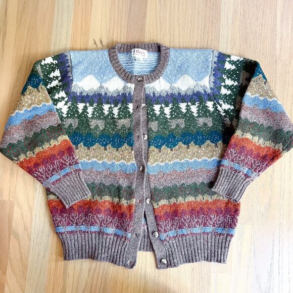 Vintage Orvis Sweater Women Sz 44 LARGE Shetland Wool Trees Mountains Cardigan - Picture 1 of 9